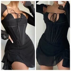 House of CB Gianna Corset Silk Long Sleeves Mini Dress Cocktail Party Date Night